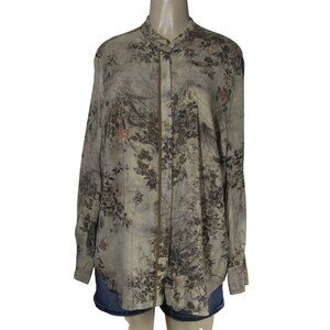 PERUVIAN CONNECTION Brown Asian Floral Mandarin Luxury Career Blouse Top L